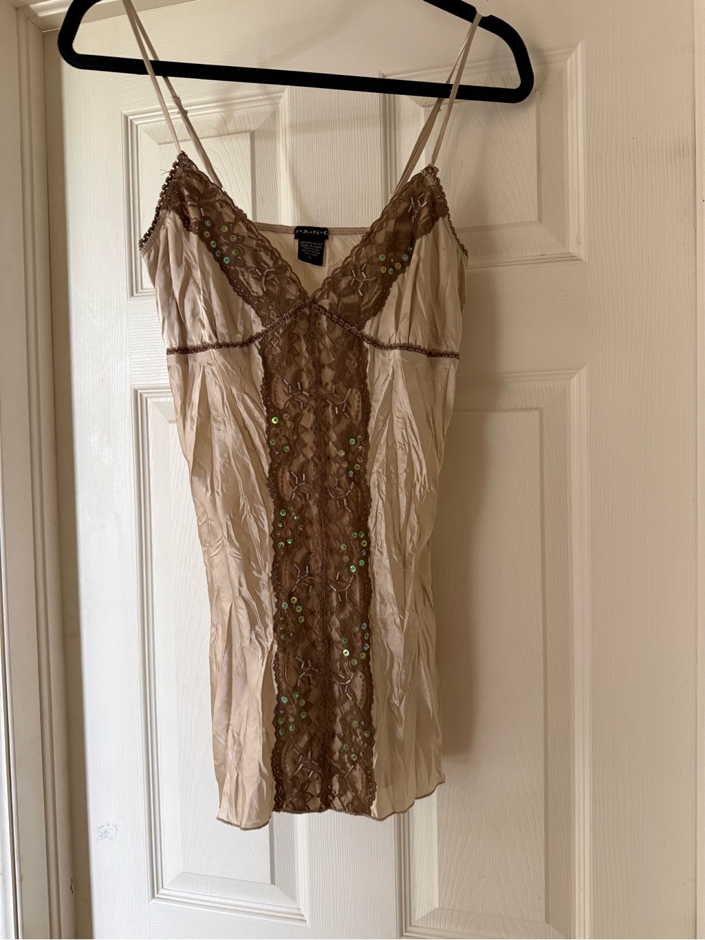 Fanc Silk-Look Beige Slip Top With Brown Lace Trim